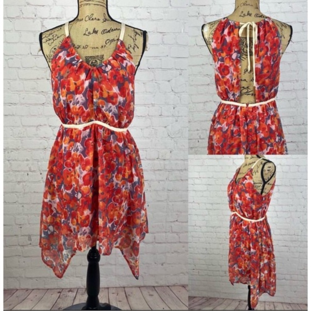 Ya Semi Sheer Floral Open Back Asymetrical Hem Dress